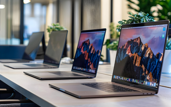 Technology Rental MacBook Pro laptops set up for corporate training, meetings, and business events